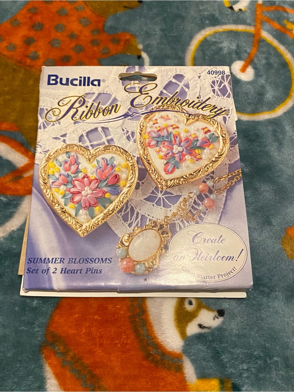 Vintage Bucilla Summer Blossoms Heart Ribbon Embroidery Pins Kit - Pink Floral